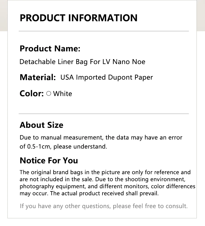 CRAZYSMITH Bag Organizer For LV Nano Noe Handbag Dupont Paper Inner Bag Insert Storage Bags Drawstring Liner Bag Support Shaper