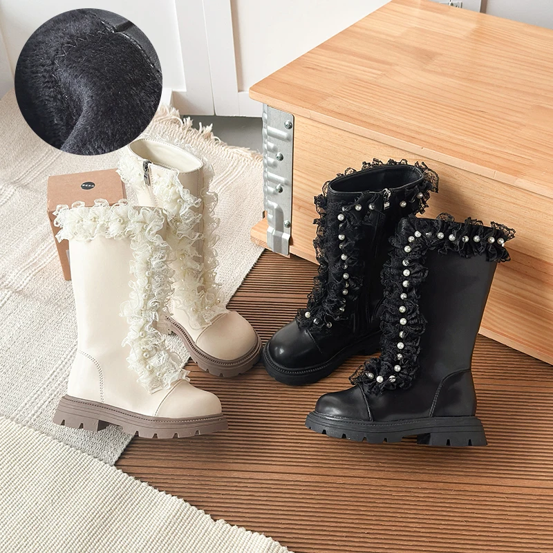 

Girls Long Boots Beige Lace Edge Knee-high Winter New Children Leather Boots Zipper Fashion Warm Thick Sole Kids Princess Boots