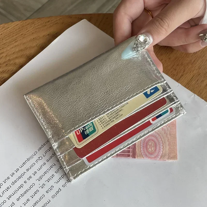 2024 New Slim Genuine Leather Women's Silver Coin Wallet Thin Mini ID Credit Card Holder Wallet Small Cardholder Purse For Man