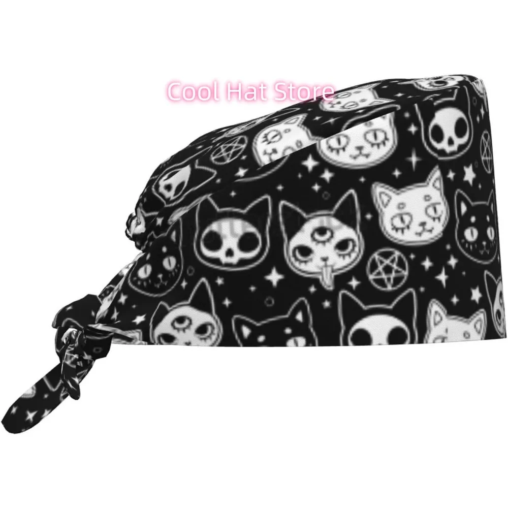 Black Cat Halloween Working Cap Scrub Cap with Sweatband Adjustable Unisex Women Tie Back Hat Nurse  Caps