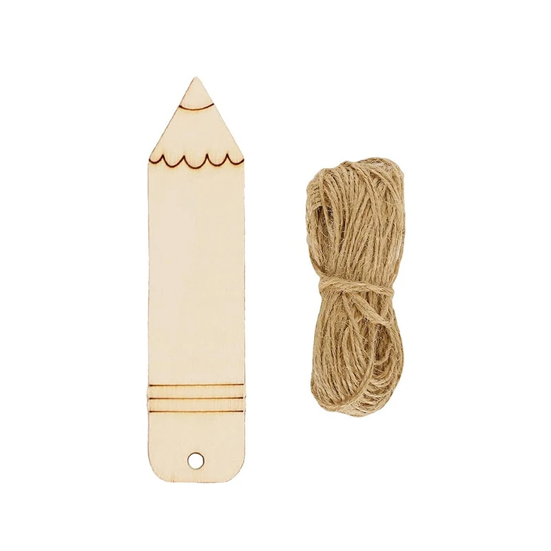 10Pcs Wooden Blank Pencil Shaped Bookmarks DIY Unfinished Hollow Out Twine Tags Hanging For Student Party Decorations image 5