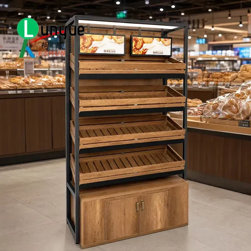 Metal Wooden Bread Rack Display Cabinet Pastry Shelf Supermarket Bakery Store Display Stand Durable Storage Organizer for
