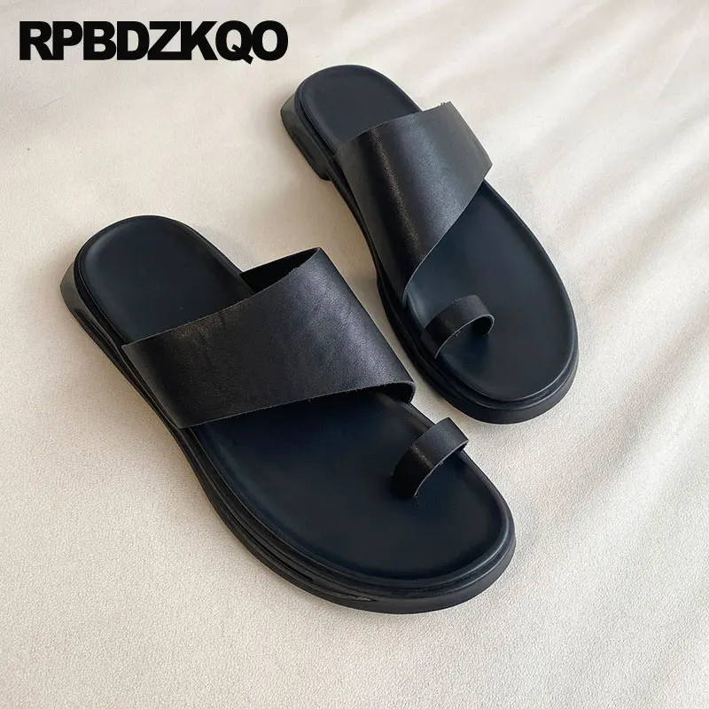 Slip On Toe Loop Open Ring Toe Designer Men Sandals Real Genuine Leather Summer Outdoor Slides Shoes 2023 Fashion Slippers