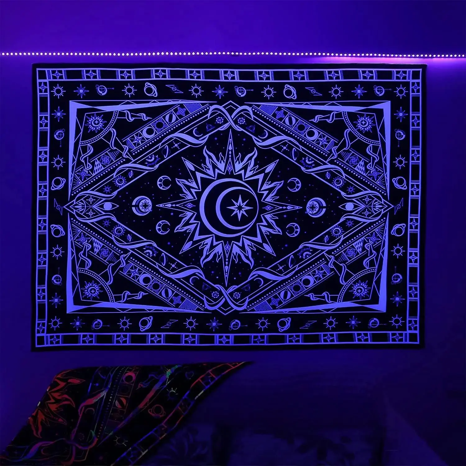 VIKAMA Hippie Mandala Tapestry Black Light UV Reactive Fluorescent Psychedelic Wall Hanging Bedroom Decor