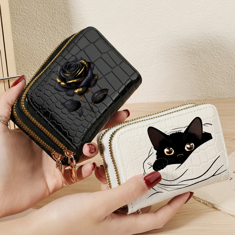 Black Rose Cat Cards Wallet Sichere Clutch mit doppeltem Reißverschluss, PU-Leder-Geldbörse mit Kartenfächern, Cartoon-Aufbewahrungskartentasche