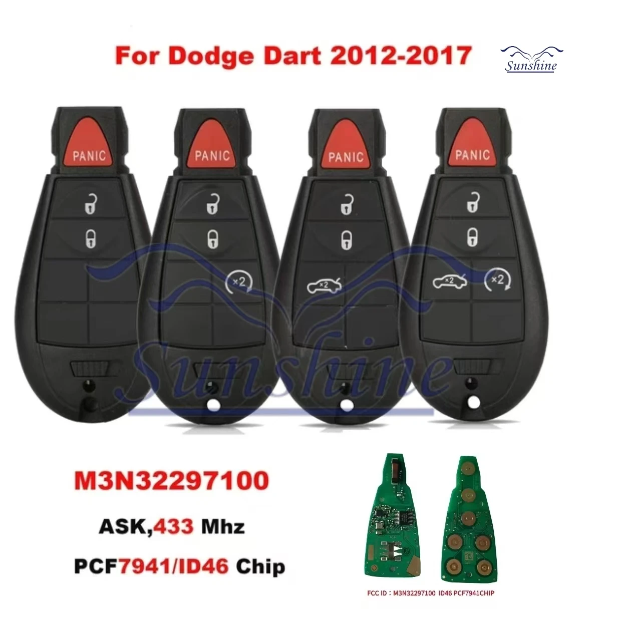 Sunshine car key M3N32297100 Remote Key For Dodge Dart 2012 2013 2014 2015 2016 2017 433mhz ID46 PCF7941 Car Key Fob 56046773AA