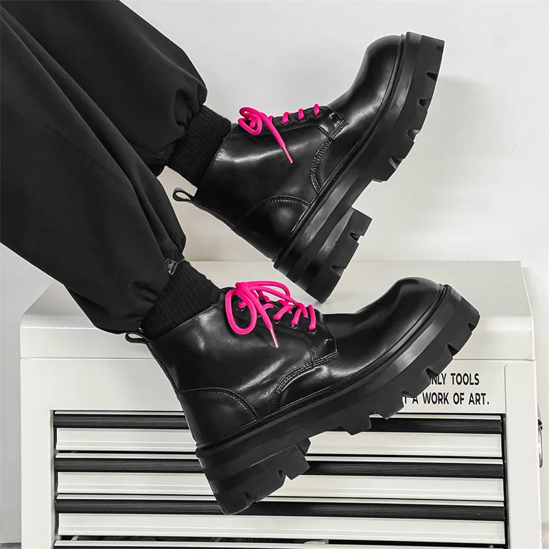 men casual stage nightclub platform boots lace-up natural leather shoes cowboy spring autumn boot black trendy cool ankle botas
