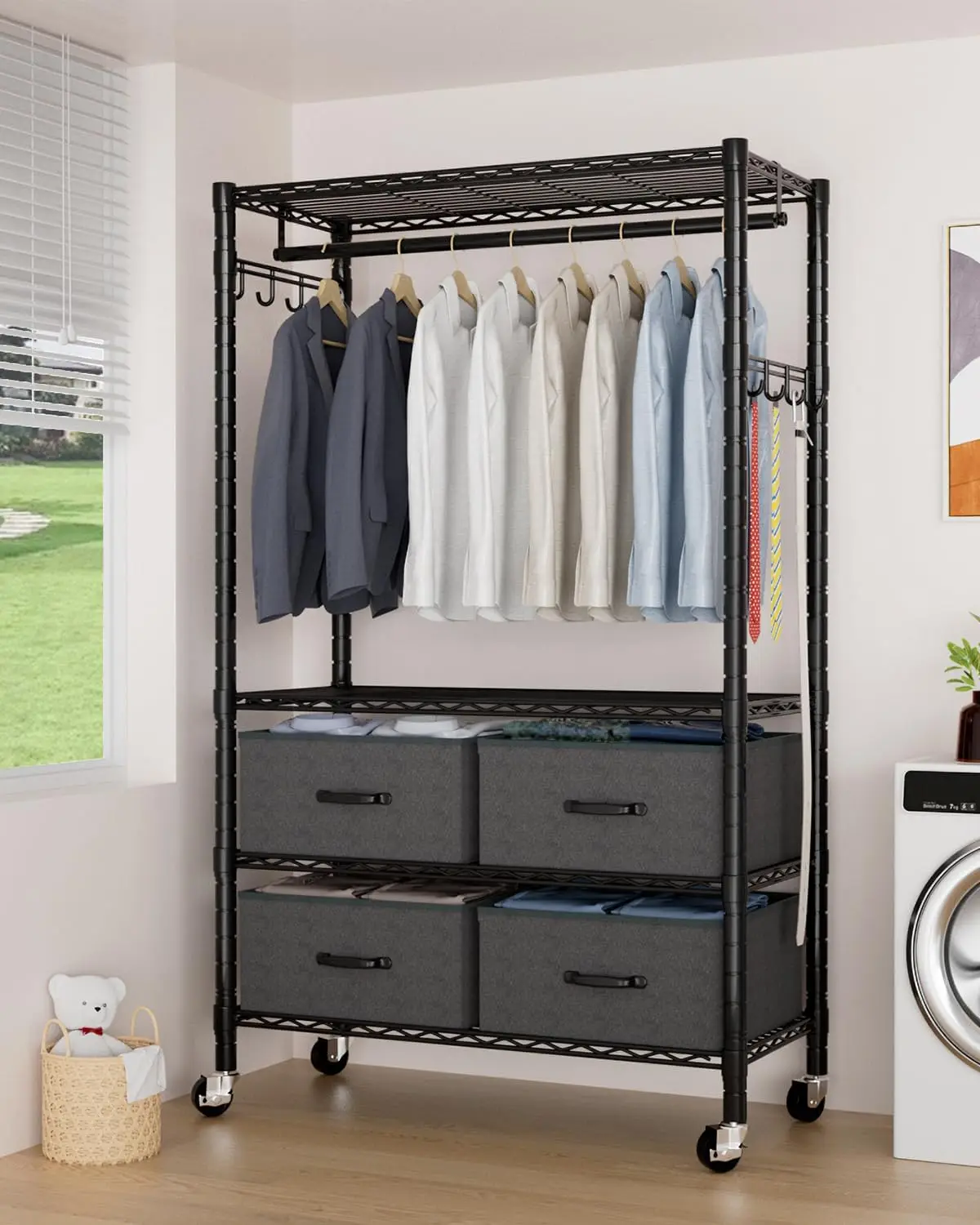 Clothes Rack, Heavy Duty Clothing Rack for Hanging Clothes, 4-Tier Adjustable Closet Organizer with 4 Drawers | Hanging Rod |