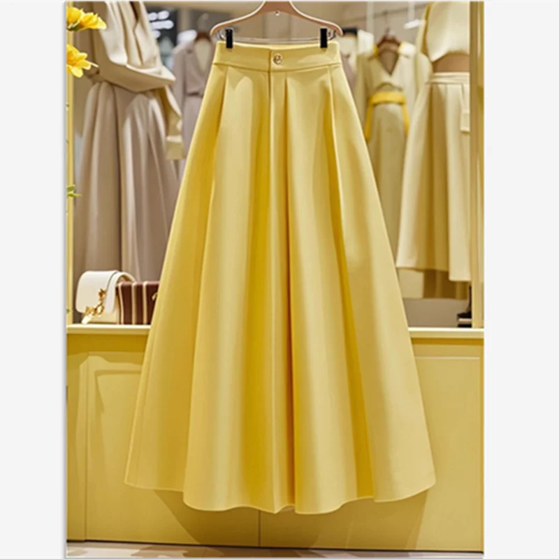 

New Solid Color Women's High Waist Pleated Skirt Female Casual Loose Holiday Midi Jupe 416P French Elegant A-Line Skirt Summer
