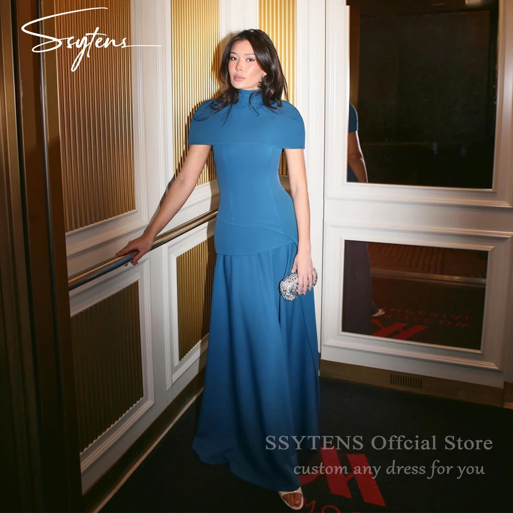 

SSYTENS Teal Blue Evening Dresses High Neck Long Robe De Soirée Femme Short Sleeves Modern Caped Vestidos Elegantes Customized