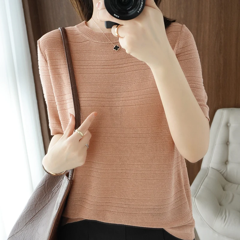 100% cotton round neck thin loose breathable pullover short sleeve 2023 summer new women's casual knitting half sleeve top T-shi