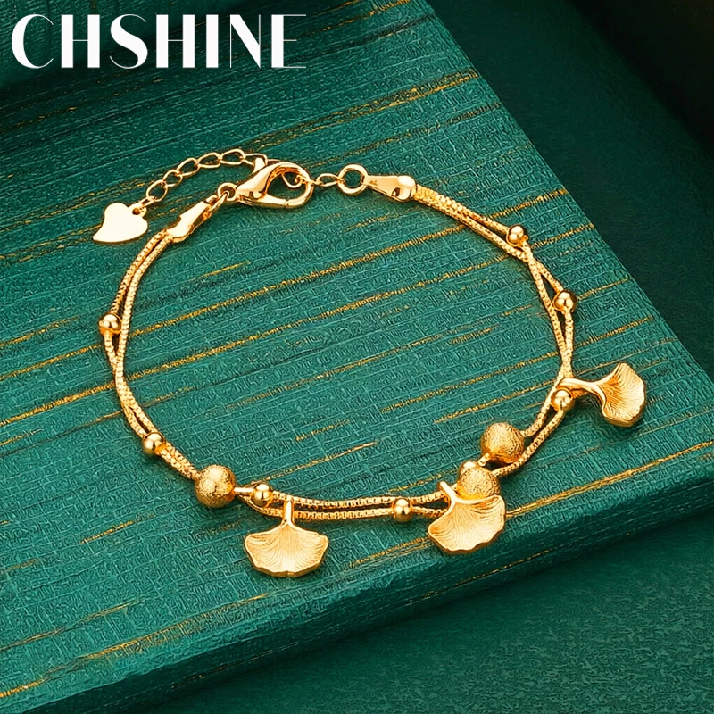 925 Sterling Silver 18K Gold Double Strand Bracelet Ginkgo Leaf Frosted Bead Charms Women Elegant Daily Jewelry Gift