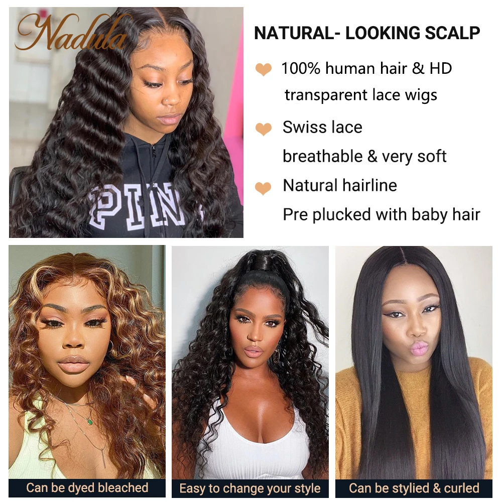 Perruque Lace Closure Wig Deep Wave transparente brésilienne-Nadula, perruques cheveux 180% naturels, naissance des cheveux naturelle, pre-plucked, 5x5 HD