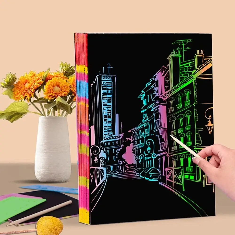 20 قطعة 16/32K ورق رسم للخدش أسود مع عصا الخيزران ورق رسم قوس قزح ماجيك جرافيتي لتقوم بها بنفسك طقم رسم فني إبداعي