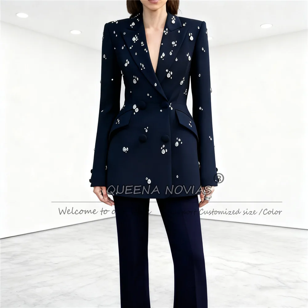 

Серебряные камни из бисера, темно-синий костюм, наряд для женщин, двубортный пиджак, брюки, комплекты из 2 предметов, платья для матери невесты по индивидуальному заказу