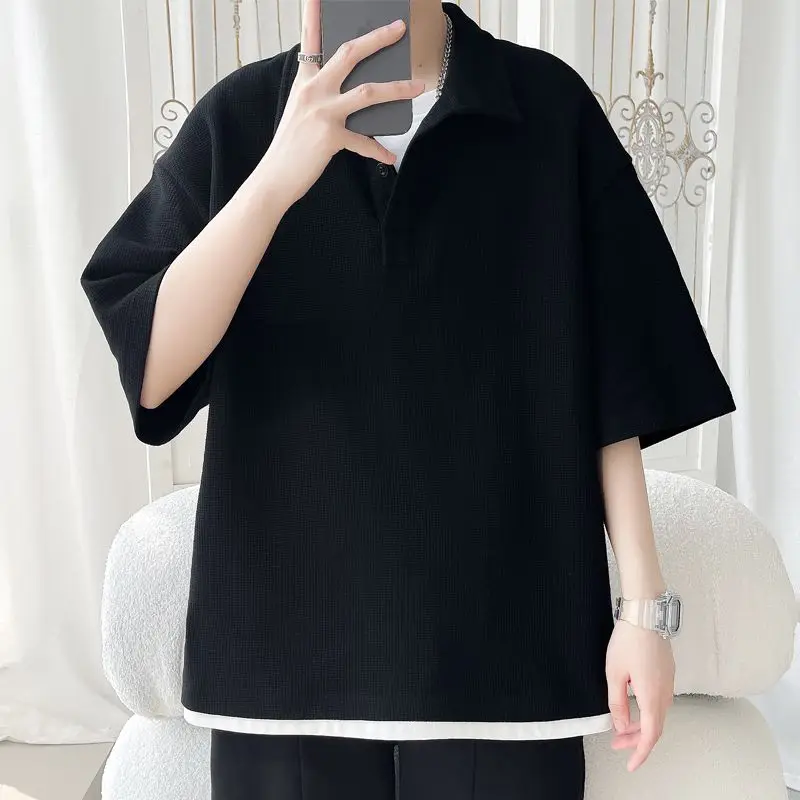 Trend Men's Big Size Waffle Paper Polo Neck Layered Color Matching Overfit Short Sleeve T-Shirt Ts3581