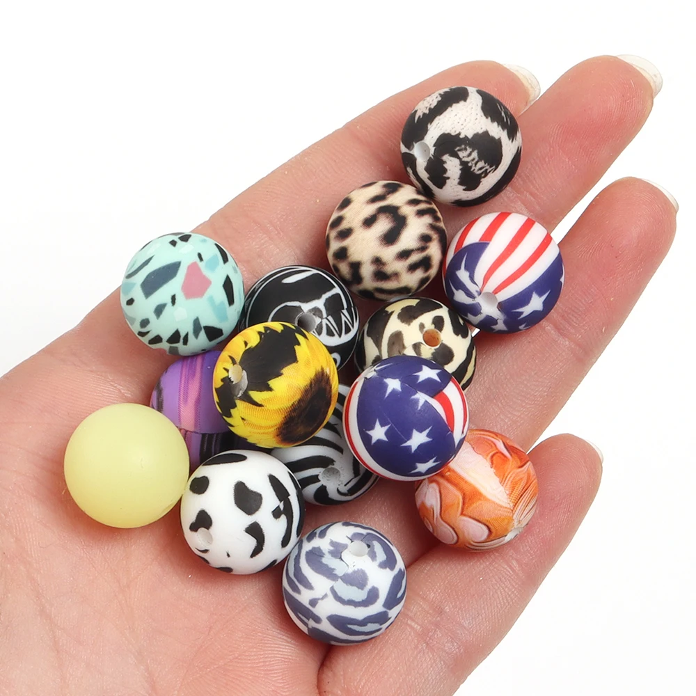 

5Pcs Round Silicone Printed Beads 15MM Leopard Silicone Beads for Jewelry Making DIY Necklace Beaded Pen Keychain Accessories