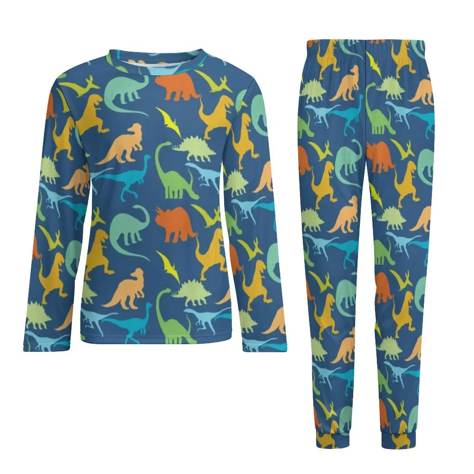 Colorful Dinosaurs Pajamas Dinosaur Silhouette Men Long Sleeve Soft Pajama Sets Two Piece Casual Winter Nightwear Birthday Gift