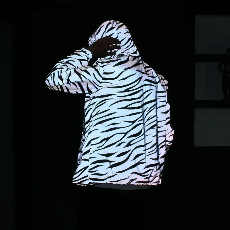Men\'s Leopard Zebra Reflective Night Shining Hooded Windbreaker Jacket Streetwear Hip Hop Harajuku Waterproof Hoodie Coats Male