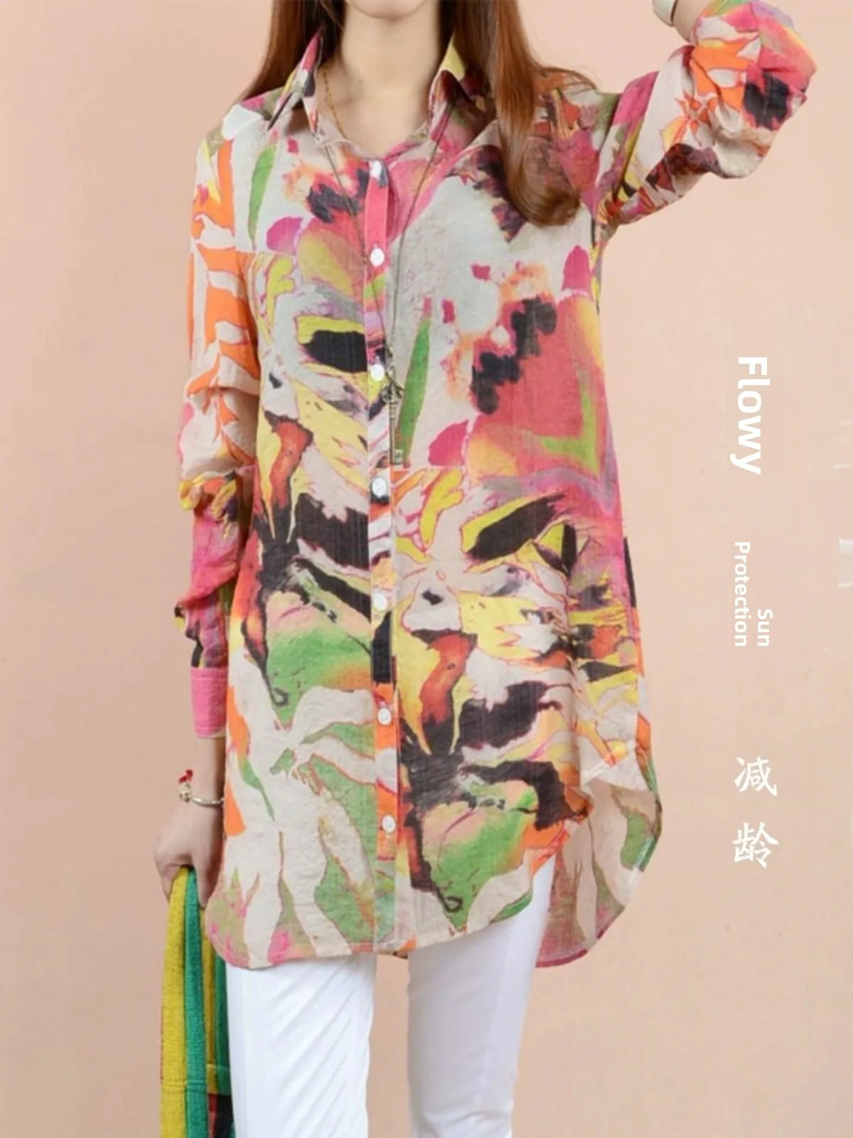 

Floral Print Chiffon irt Women's Long Sve Qui Dry Medium Length Travel Beach Sun Protection Photoaphy Friendly irt