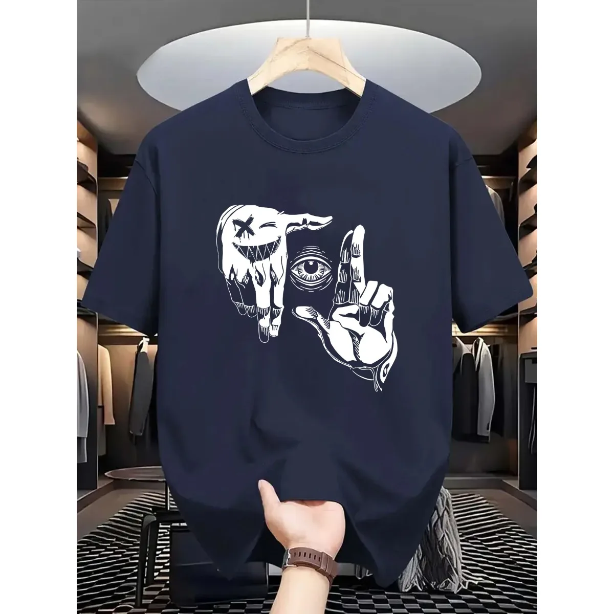Summer men's 100% pure cotton casual loose plus size gesture eye personalized pattern printed round neck short sleeved T-shirt