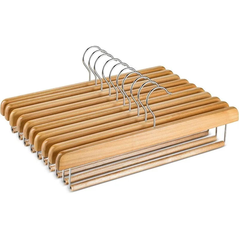 Wooden Slack/Trouser Pants Hangers with Non Slip Bar (10 Pack) Smooth Finish, Slim & Sleek Space Saving Closet Hangers