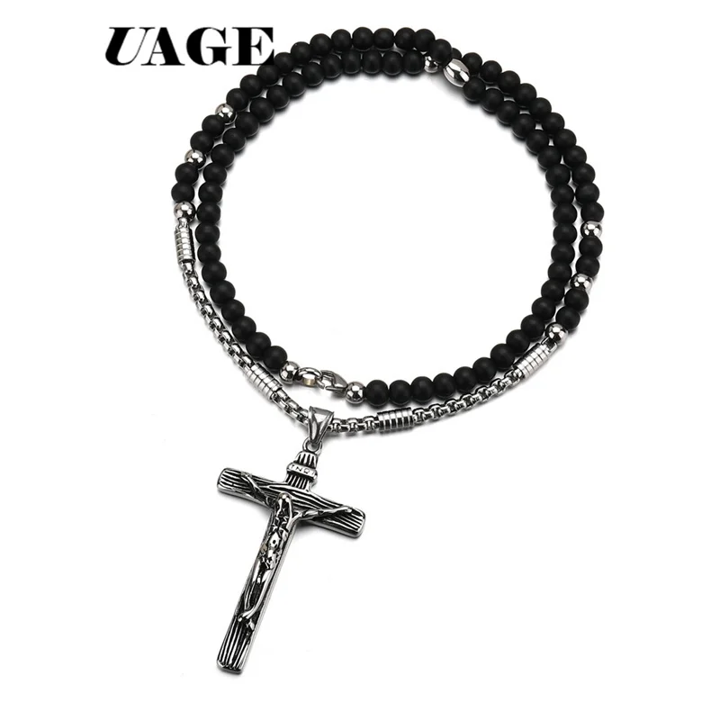 UAGE Rosary necklace Jesus christ cross pendant necklaces Black bead long chain mens women virgin mary christian fashion jewelry