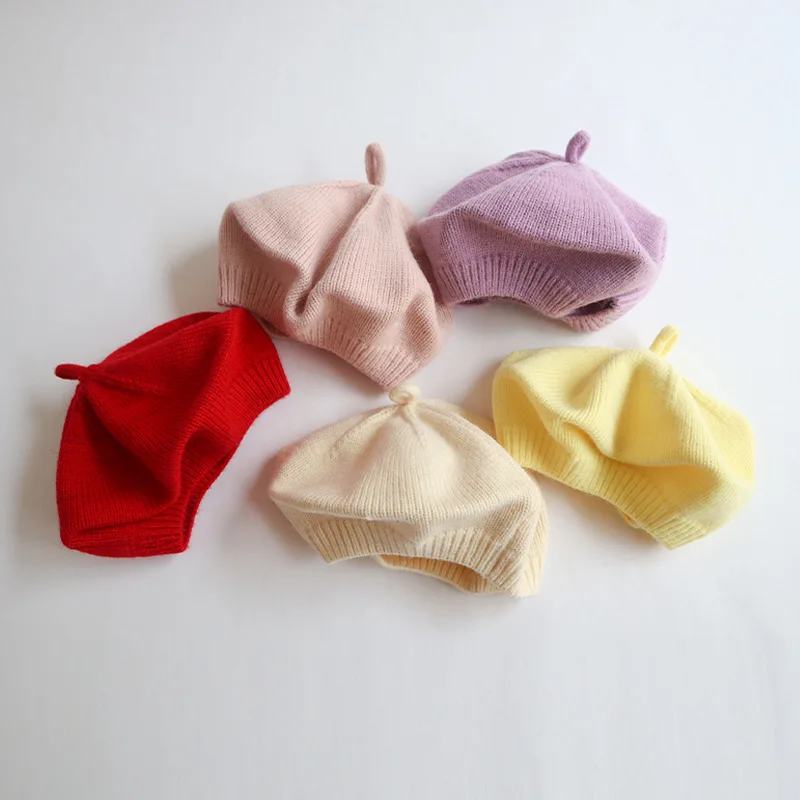 Candy Color Baby Beret Hat for Girls Autumn Winter Knitted Hat Sweet Infant Beanie Cap Fashion Kids Accessories 1-4 Years Old