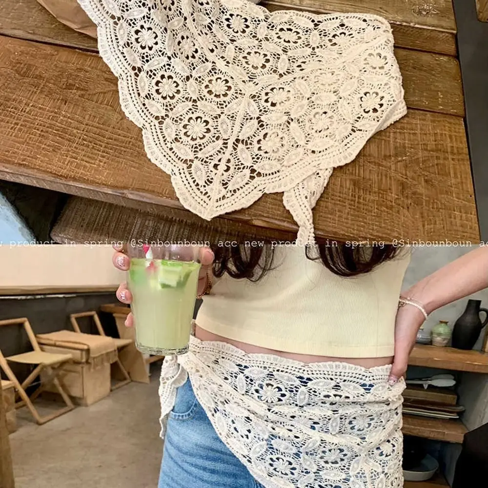 Простой кружевной шаль с искусственным воротником, белый плащ, шарфы с цветами, накидка в корейском стиле, кружевной треугольный шарф, летний