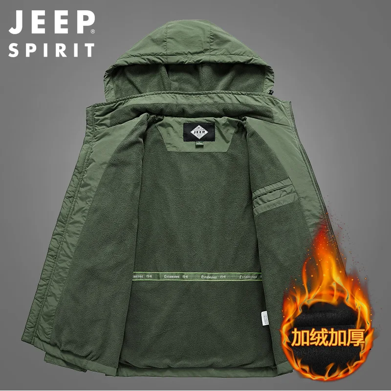 JEEP SPIRIT men jacket plus velvet thick autumn and winter leisure sports hooded warm outdoor coat Velcro cuffs clothes