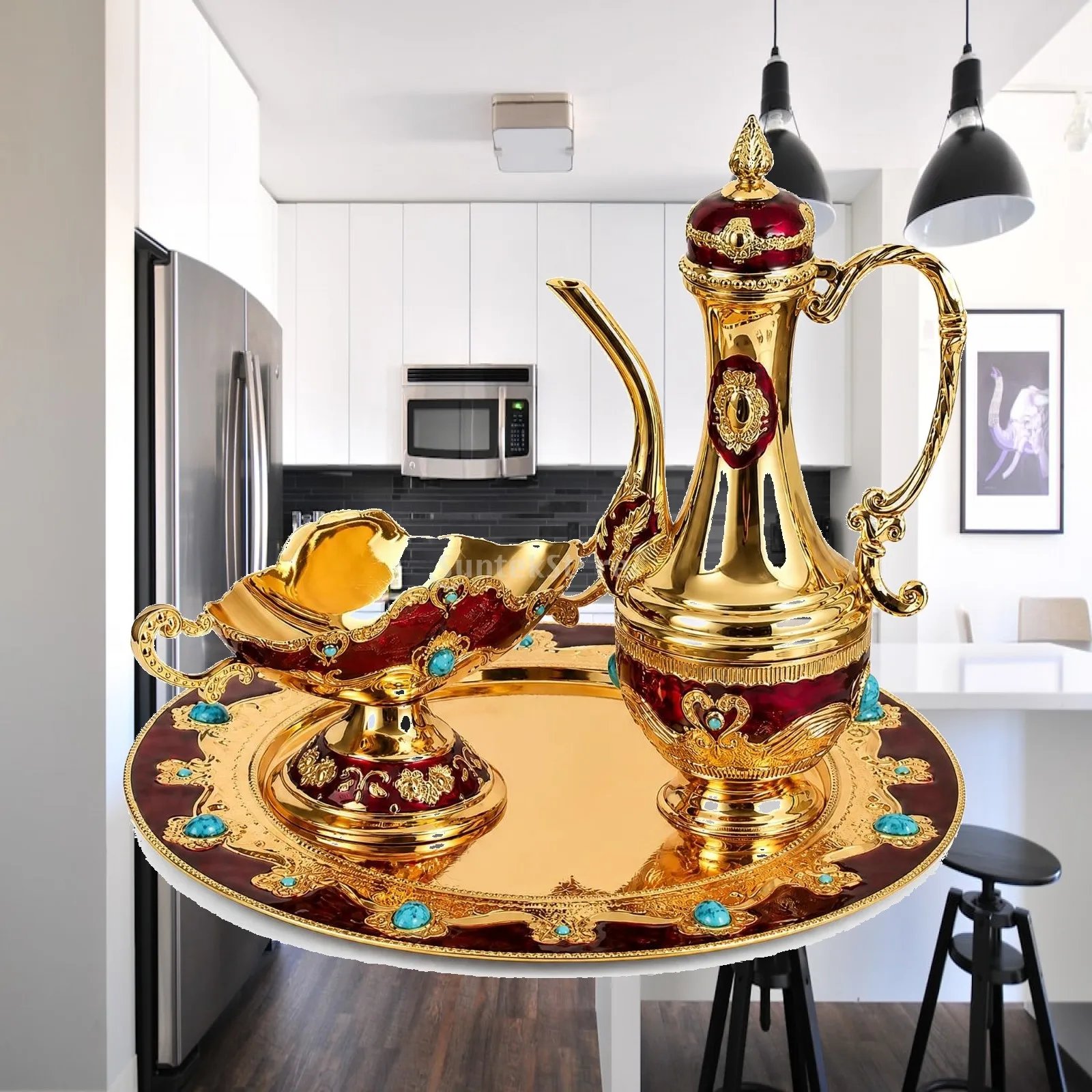 Decorative Gold Beverage Service Tray Set with Turquoise Inlay Details for Elegant Home Entertainment