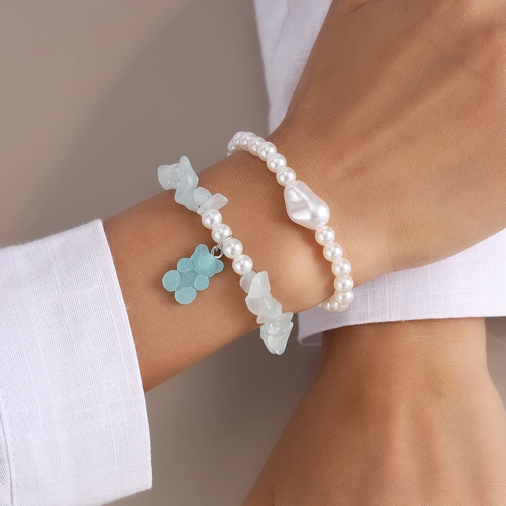 2pcs Cute Gummy Bear Bracelet for Women Handmade Stone Pearl Beaded Bracelets Girls Party Jewelry Gift