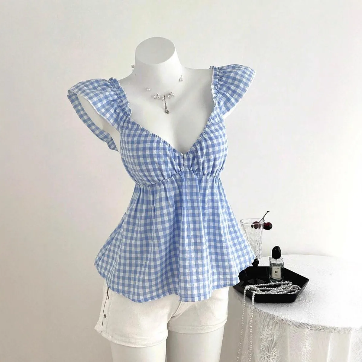 Retro Plaid Women's Shirt Summer Sweet Anti-Aging Slimming Meat Concealing Strapless Small Flying Sleeve Top Bright Sequins