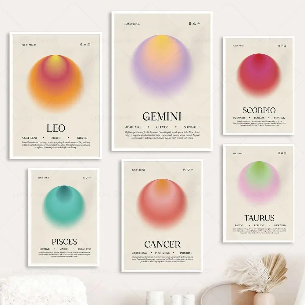 Retro 12 Zodiac Posters Gemini Cancer Leo Libra Sagittarius Constellation Gradient Canvas Painting Wall Art Pictures Home Decor