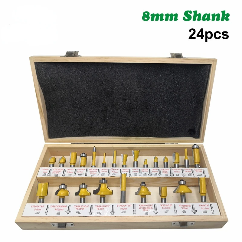 

24PCS 8mm Shank DIY Woodworking Router Bits Set Milling Cutter for Wood Flush Straight Chamfer Trimming Engraving Tool