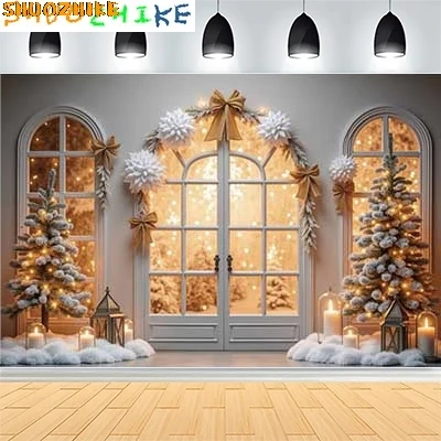 

Christmas Day New Year Party Photography Backdrops Prop Window Living Room Interior Xmas Tree Snow Theme Photo Background FN-74