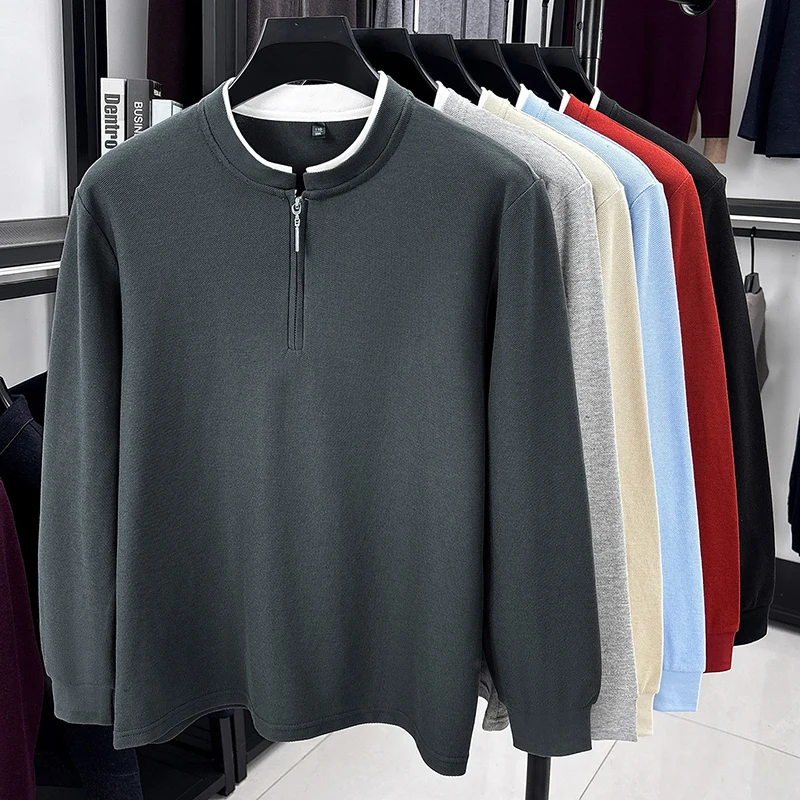 Exquisites Herren-T-Shirt mit halbem Reißverschluss, Stehkragen und langen Ärmeln, 100 % Baumwolle, einfarbig, zweiteiliger Look, lässige Freizeit- und Alltagsbekleidung für Herren. – Detail 4