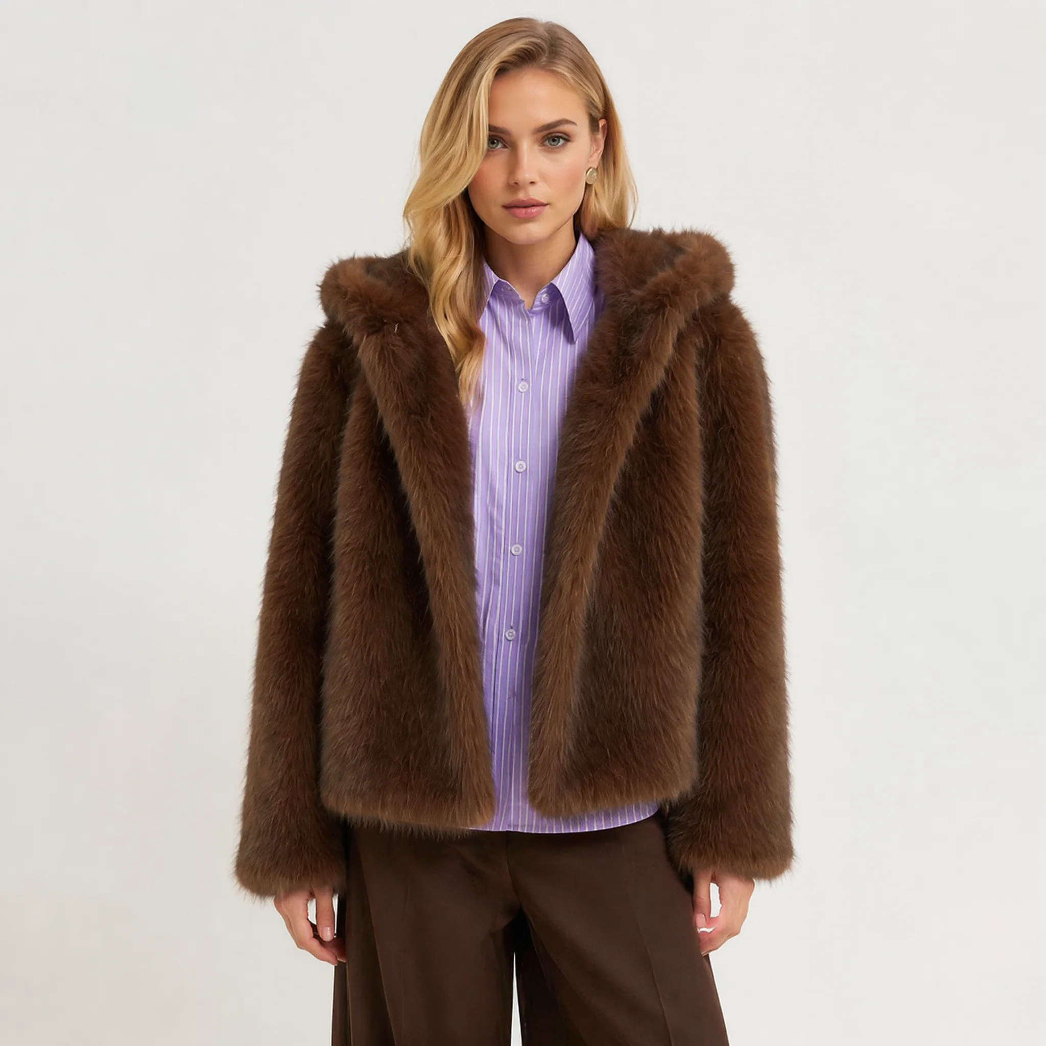RU Ladies Integrated Hood Open Front Faux Fur Jacket Drop Shoulder Thick Fluffy Plush Loose Cropped Fashion Outer Coat