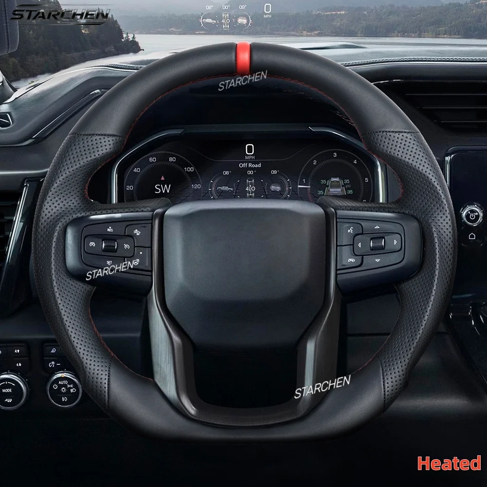 Full Leather D-Shaped Flat Bottom Steering Wheel for GMC Sierra 1500/2500/3500/Yukon (XL) 2020-2025 with Heating Red Positioning Line (Without Paddle Shift Holes)