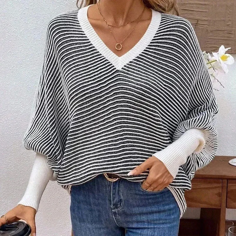 

Autumn and Winter New Loose Knit Striped V-Neck Bat Sleeve Patchwork Pullover Sweater Women's Fashion