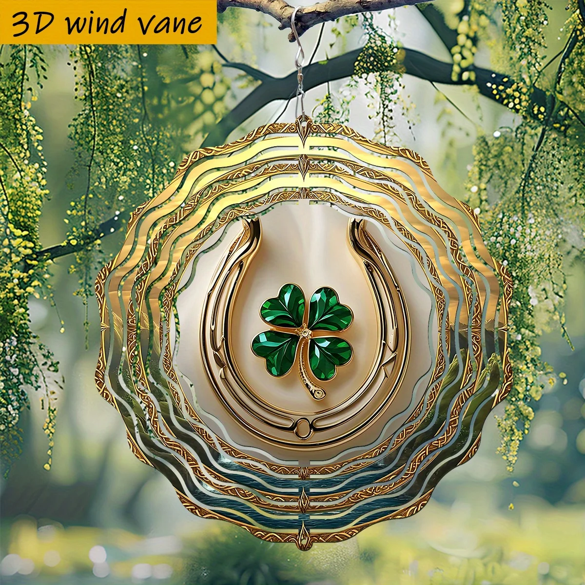 CIFbuy 3D Lucky Horseshoe Metal Wind Chime, Four Leaf Clover Iron Art, Double Sided Dynamic Garden Yard Hanging Decor