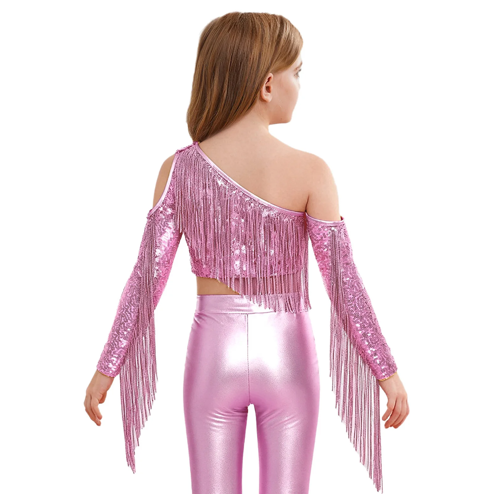 Kids Girls One Shoulder Sequin Dance Crop Top Halloween Carnival Disco Jazz Hip-hop Dance Costume for Belly Dance Performance