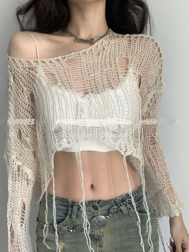 Sexy Summer Fairy Hollow Out Streetwear Crop T-shirts Grunge Loose Y2k Aesthetic Tees Harajuku Vintage Casual Knitted Tops Women