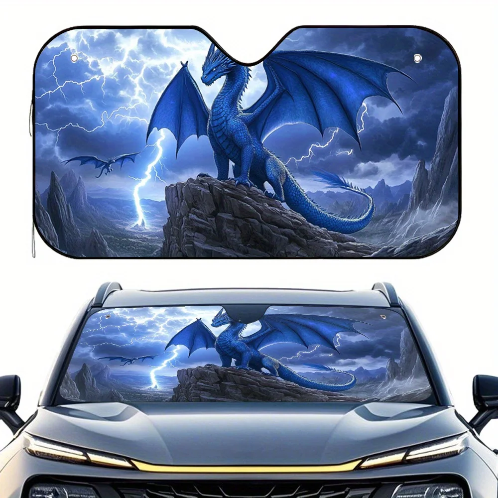One Piece Of A Two-Dimensional Flat Blue Dragon Thunder Car Sunshade – Maintains A Cool Temperature In Your Vehicle, Easy To Ins