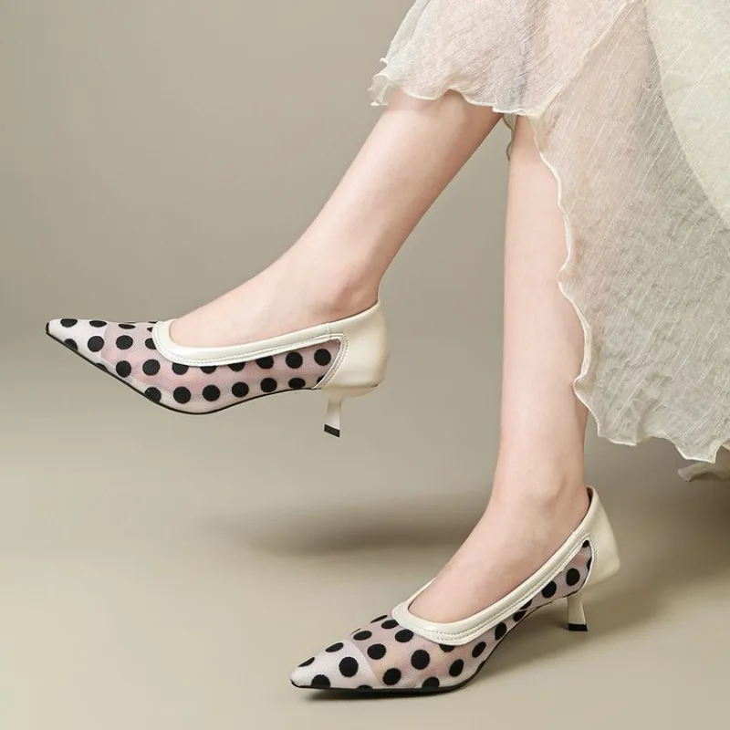 

Summer New Polka Dot Heels Classic Retro Lace Pumps Heels for Party Date