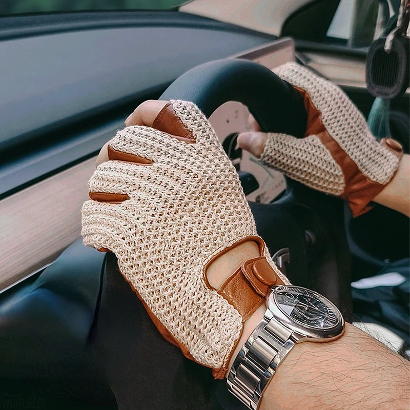 Gants de conduite pour hommes, moto, moto, demi-doigt, en peau de mouton, en cuir tricoté, pour voiture