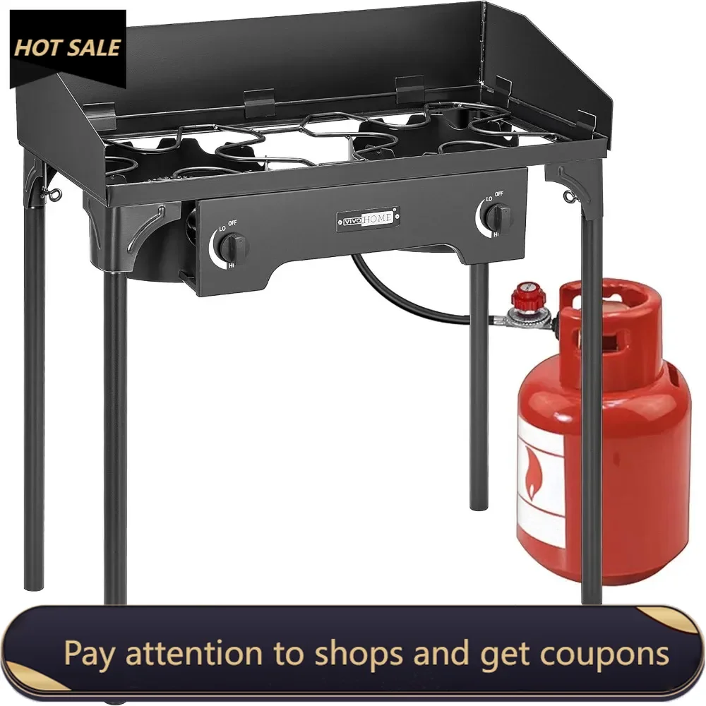 

Double Burner Stove 150,000 BTU/hr，Heavy Duty Outdoor Dual Propane with Windscreen and Detachable Legs Stand for Camping Cookout