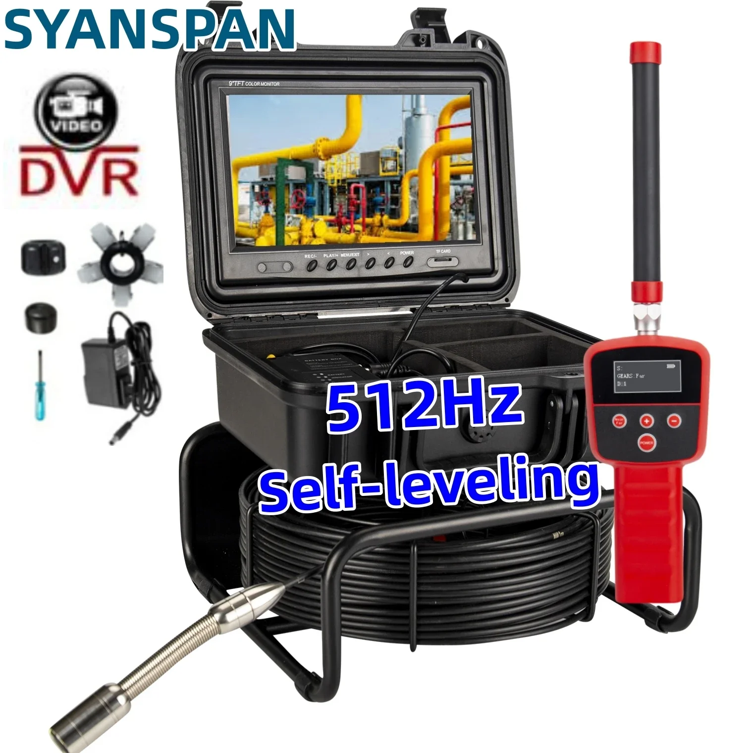 

Pipe Inspection Camera SYANSPAN Industrial Sewer Endoscope 9inch HD 1080P 512HZ Transmitter/Sonde+Receiver/Locator self-leveling