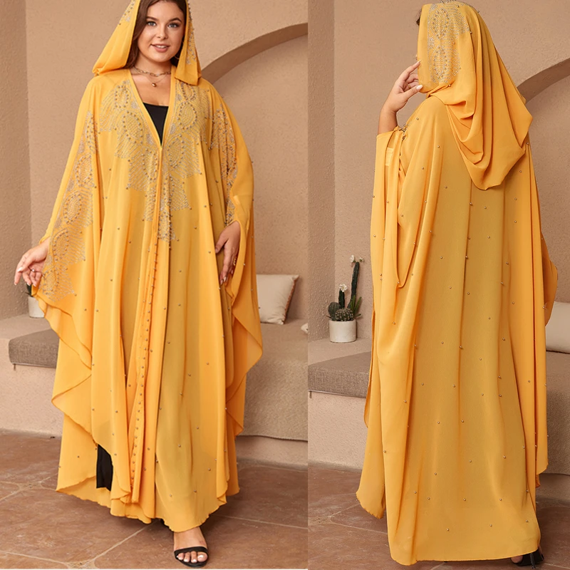 Muslim Kaftan Hooded Abaya Dress For Women Dubai Turkish Rhinestone Chiffon Djellaba Elegant Loose Boubou Beads Africa Clothing