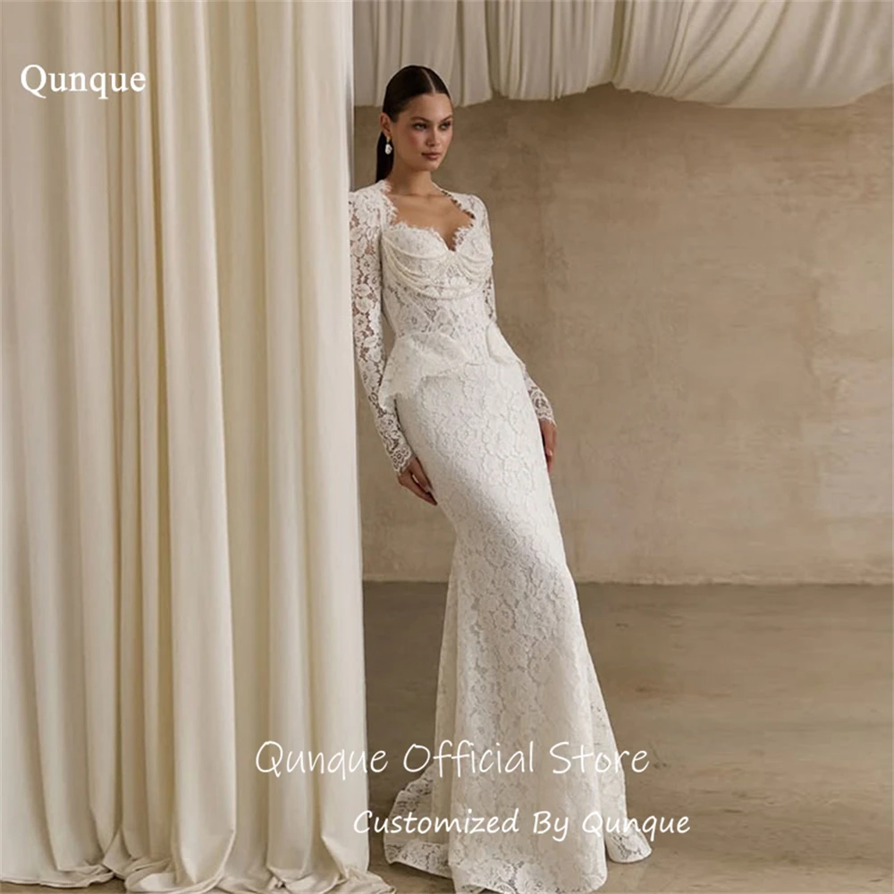 

Qunque Romantic Long Lace Sleeves Wedding Dresses Mermaid Pearls Evening Dresses Sweetheart Vestido De Novia Boda Customized